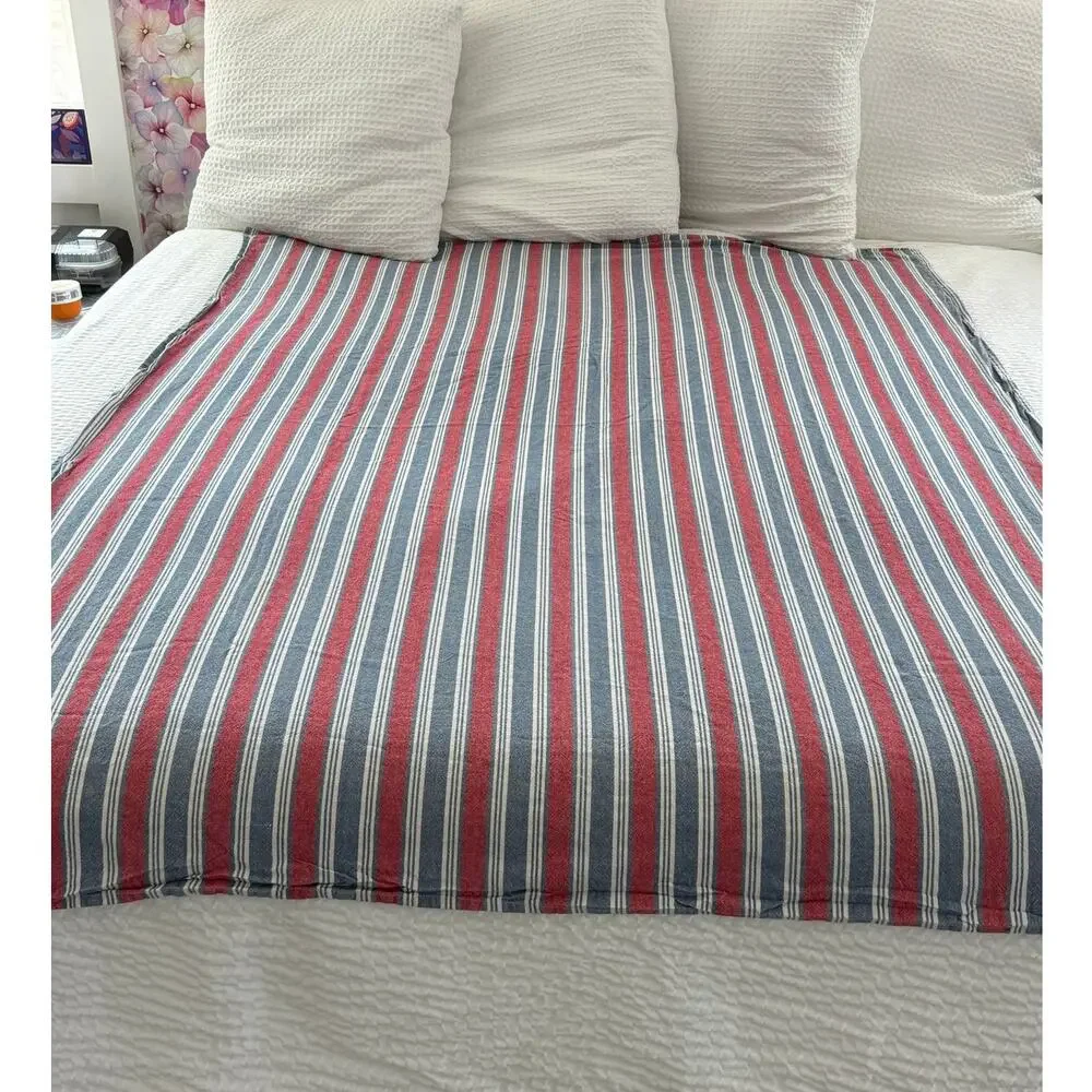 Nautica Home Cotton Beach Throw Blanket Red Blue Stripe Coastal 76x56 Picnic Mat